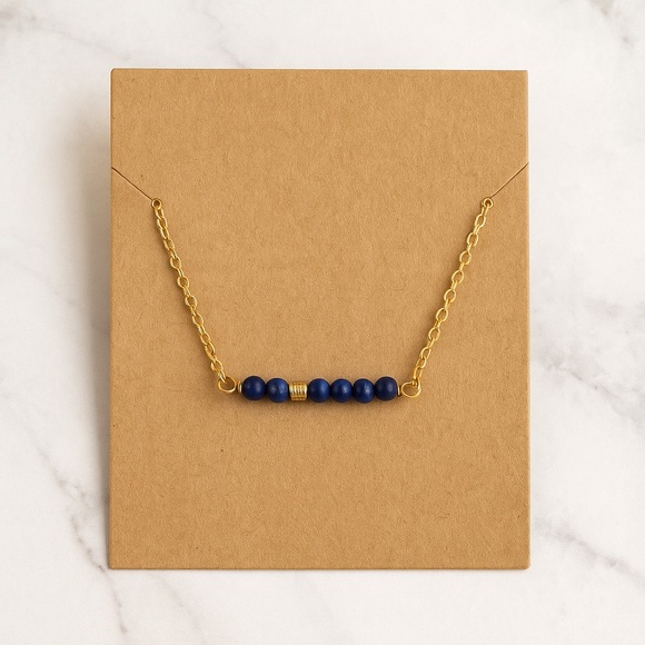 Blue Lapis Stone Bar Necklace on Gold Chain | Adjustable Length NEW - Picture 2 of 7